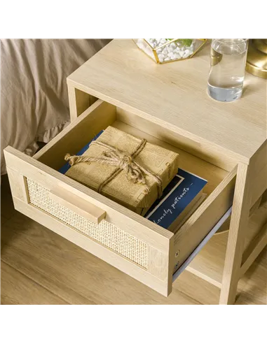 HOMCOM Bedside Table, Nightstand with Rattan Drawer and Storage Open Shelf, Farmhouse Side Table for Bedroom, Living Room, Set o