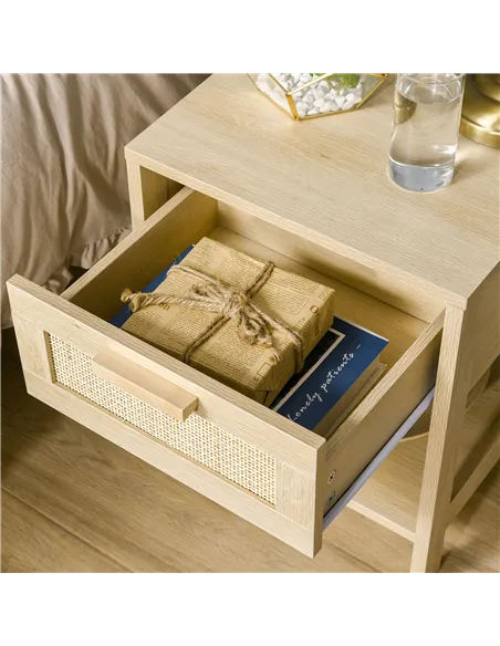 HOMCOM Bedside Table, Nightstand with Rattan Drawer and Storage Open Shelf, Farmhouse Side Table for Bedroom, Living Room, Set o