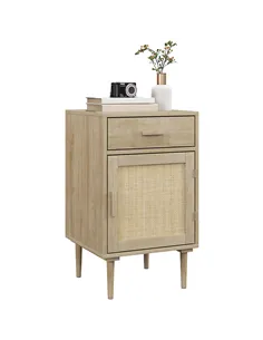 HOMCOM Bedside Table, Rattan Side Tables with Drawer, Cabinet and Adjustable Shelf, Boho Bedside Cabinet with Storage for Bedroo