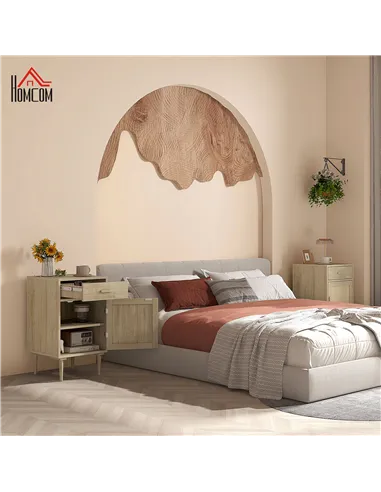 HOMCOM Bedside Table, Rattan Side Tables with Drawer, Cabinet and Adjustable Shelf, Boho Bedside Cabinet with Storage for Bedroo