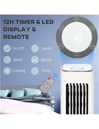 HOMCOM Evaporative Air Cooler, 5L Water Tank Oscillating Ice Cooling Fan with 3 Modes, 3 Speeds, Remote Control, Timer, and Osci