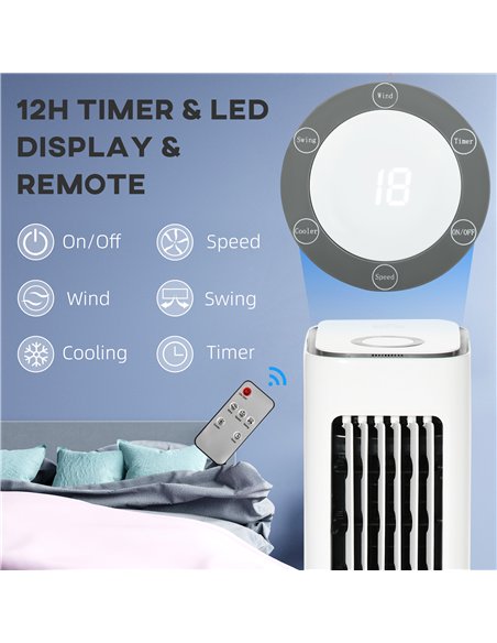 HOMCOM Evaporative Air Cooler, 5L Water Tank Oscillating Ice Cooling Fan with 3 Modes, 3 Speeds, Remote Control, Timer, and Osci