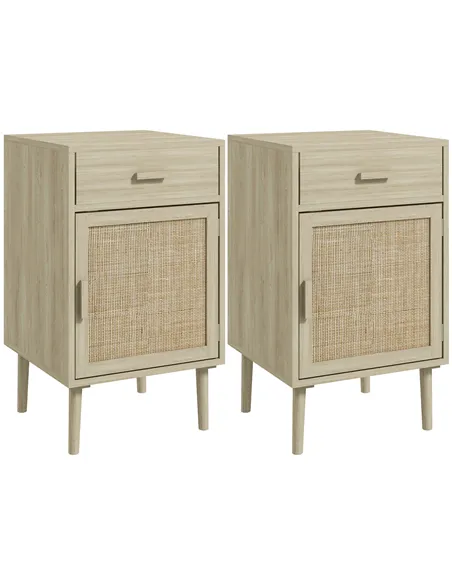 HOMCOM Bedside Table Set of 2, Rattan Side Tables with Drawer, Cabinet and Adjustable Shelf, Boho Bedside Cabinet with Storage f