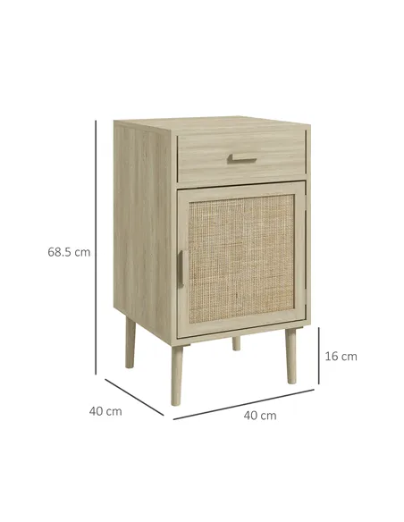 HOMCOM Bedside Table Set of 2, Rattan Side Tables with Drawer, Cabinet and Adjustable Shelf, Boho Bedside Cabinet with Storage f