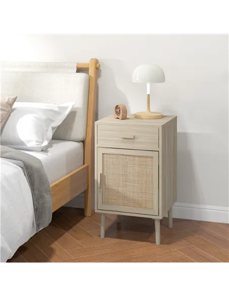 HOMCOM Bedside Table Set of 2, Rattan Side Tables with Drawer, Cabinet and Adjustable Shelf, Boho Bedside Cabinet with Storage f