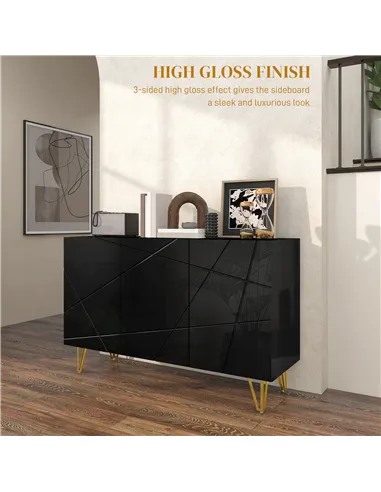 HOMCOM Modern Luxe High Gloss Sideboard, with Hairpin Legs - Black