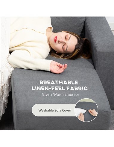 HOMCOM 3 Seater Sofa with Footstool, Fabric L-Shaped Sofa, Sectional Couch with Wood Legs, Tufting Cushioned Back for Small Spac