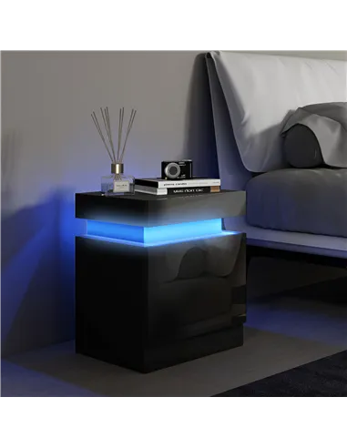 HOMCOM Black Bedside Table with LED Light, High Gloss Front Nightstand with 2 Drawers, for Living Room, Bedroom