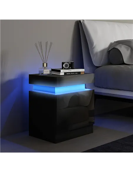 HOMCOM Black Bedside Table with LED Light, High Gloss Front Nightstand with 2 Drawers, for Living Room, Bedroom