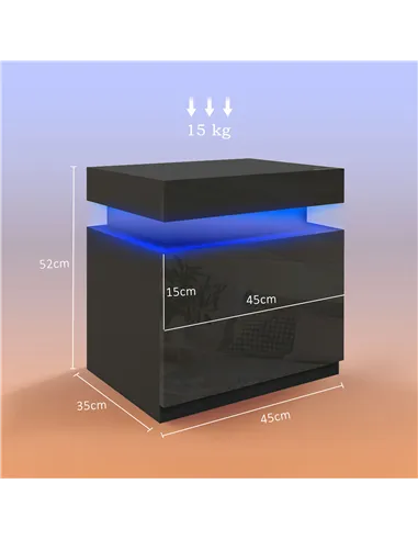 HOMCOM Black Bedside Table with LED Light, High Gloss Front Nightstand with 2 Drawers, for Living Room, Bedroom