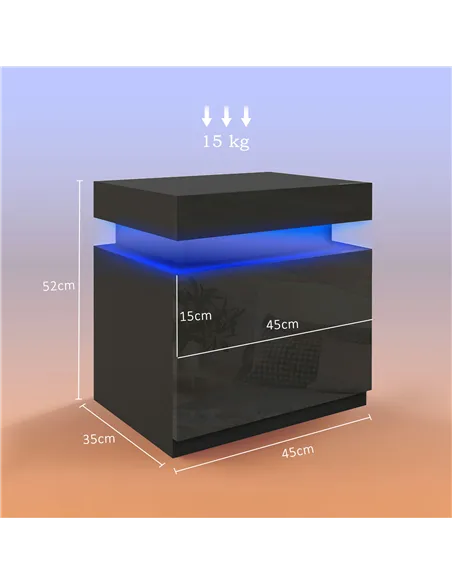 HOMCOM Black Bedside Table with LED Light, High Gloss Front Nightstand with 2 Drawers, for Living Room, Bedroom
