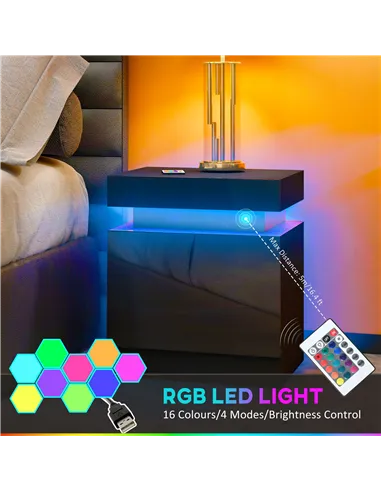 HOMCOM Black Bedside Table with LED Light, High Gloss Front Nightstand with 2 Drawers, for Living Room, Bedroom