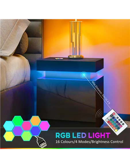 HOMCOM Black Bedside Table with LED Light, High Gloss Front Nightstand with 2 Drawers, for Living Room, Bedroom