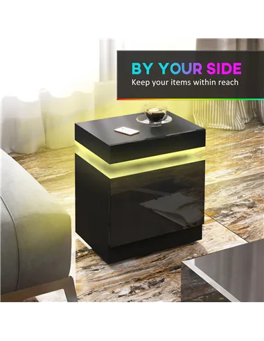 HOMCOM Black Bedside Table with LED Light, High Gloss Front Nightstand with 2 Drawers, for Living Room, Bedroom