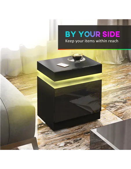 HOMCOM Black Bedside Table with LED Light, High Gloss Front Nightstand with 2 Drawers, for Living Room, Bedroom