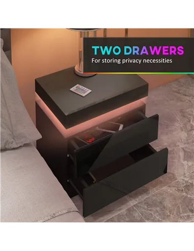 HOMCOM Black Bedside Table with LED Light, High Gloss Front Nightstand with 2 Drawers, for Living Room, Bedroom