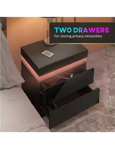 HOMCOM Black Bedside Table with LED Light, High Gloss Front Nightstand with 2 Drawers, for Living Room, Bedroom