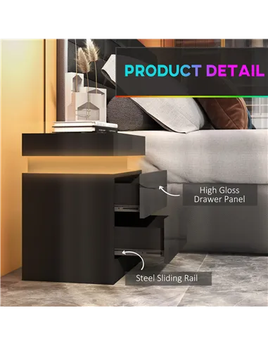 HOMCOM Black Bedside Table with LED Light, High Gloss Front Nightstand with 2 Drawers, for Living Room, Bedroom