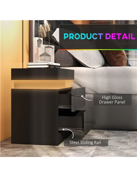 HOMCOM Black Bedside Table with LED Light, High Gloss Front Nightstand with 2 Drawers, for Living Room, Bedroom