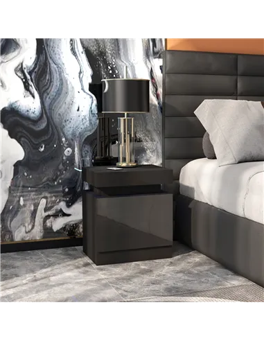 HOMCOM Black Bedside Table with LED Light, High Gloss Front Nightstand with 2 Drawers, for Living Room, Bedroom