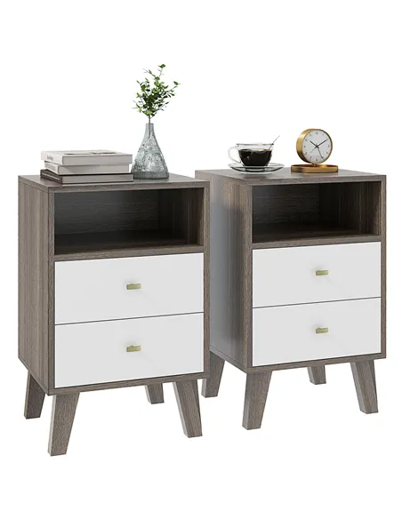 HOMCOM Industrial-Scandinavian Mix Bedside Table, with Drawers and Shelf
