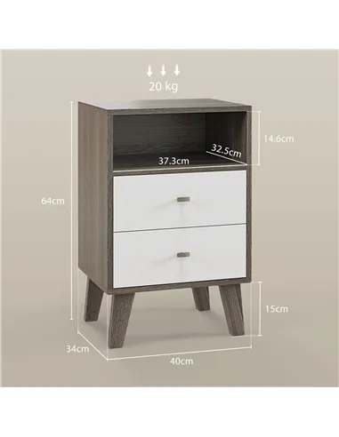 HOMCOM Industrial-Scandinavian Mix Bedside Table, with Drawers and Shelf
