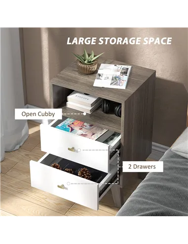 HOMCOM Industrial-Scandinavian Mix Bedside Table, with Drawers and Shelf