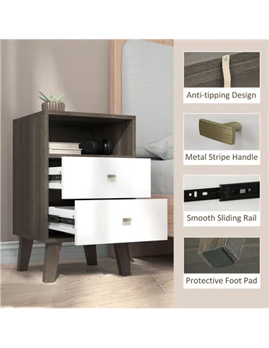 HOMCOM Industrial-Scandinavian Mix Bedside Table, with Drawers and Shelf
