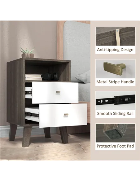 HOMCOM Industrial-Scandinavian Mix Bedside Table, with Drawers and Shelf