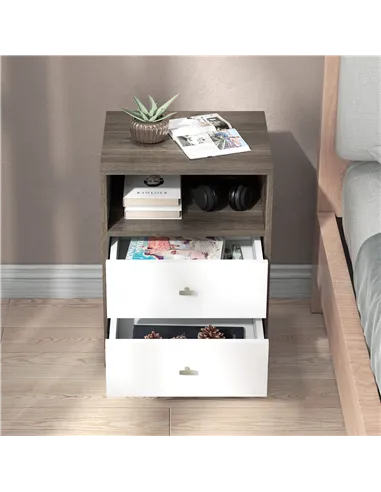HOMCOM Industrial-Scandinavian Mix Bedside Table, with Drawers and Shelf