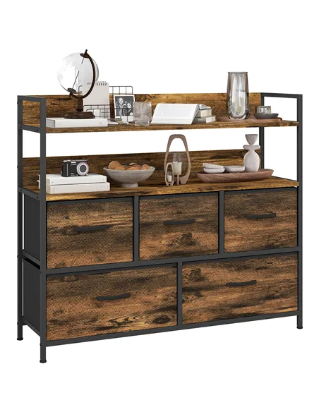 HOMCOM Rustic Chest of Five Fabric Drawers - Rustic Brown
