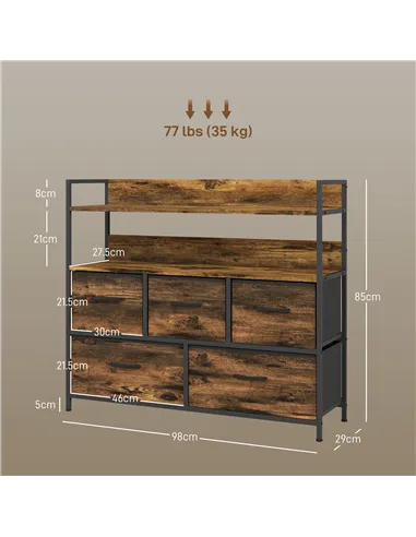 HOMCOM Rustic Chest of Five Fabric Drawers - Rustic Brown