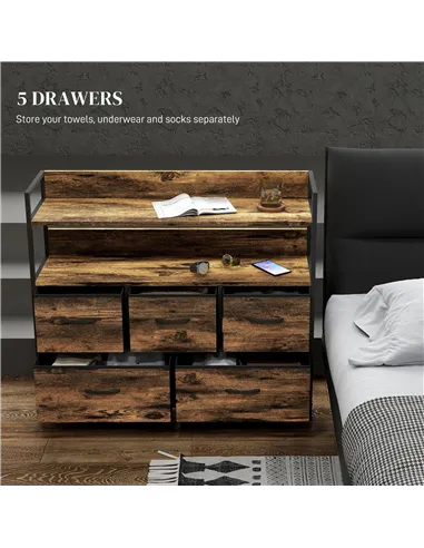 HOMCOM Rustic Chest of Five Fabric Drawers - Rustic Brown