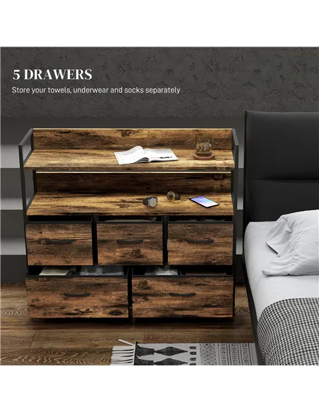 HOMCOM Rustic Chest of Five Fabric Drawers - Rustic Brown