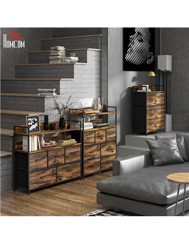 HOMCOM Rustic Chest of Five Fabric Drawers - Rustic Brown