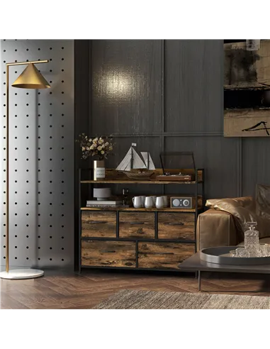 HOMCOM Rustic Chest of Five Fabric Drawers - Rustic Brown