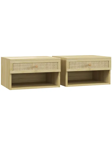 HOMCOM Set of Two Rattan Panel Floating Bedside Tables - Wood-Effect