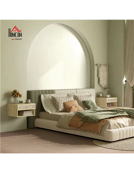 HOMCOM Set of Two Rattan Panel Floating Bedside Tables - Wood-Effect