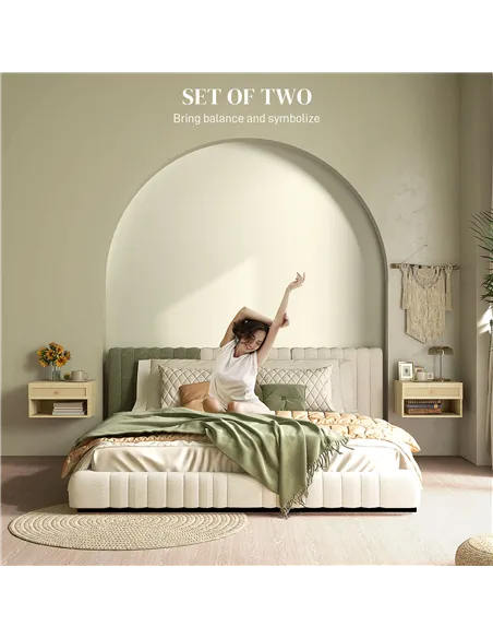 HOMCOM Set of Two Rattan Panel Floating Bedside Tables - Wood-Effect