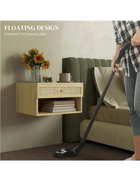 HOMCOM Set of Two Rattan Panel Floating Bedside Tables - Wood-Effect