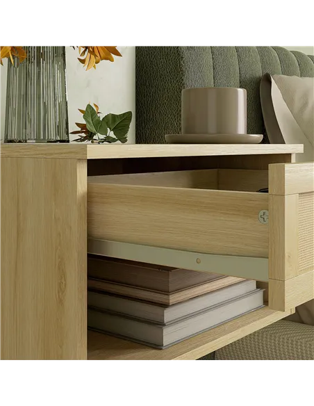 HOMCOM Set of Two Rattan Panel Floating Bedside Tables - Wood-Effect