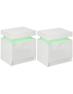 HOMCOM Set of 2 White Bedside Tables with LED Lights, High Gloss Front Nightstands with 4 Drawers