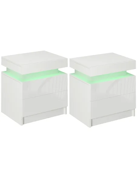 HOMCOM Set of 2 White Bedside Tables with LED Lights, High Gloss Front Nightstands with 4 Drawers