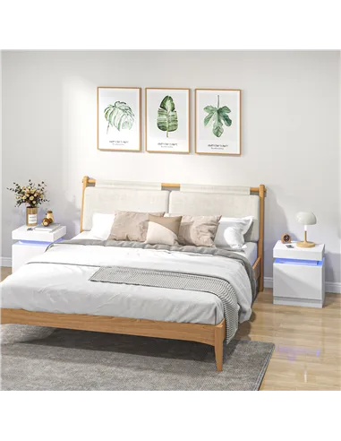 HOMCOM Set of 2 White Bedside Tables with LED Lights, High Gloss Front Nightstands with 4 Drawers