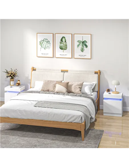 HOMCOM Set of 2 White Bedside Tables with LED Lights, High Gloss Front Nightstands with 4 Drawers
