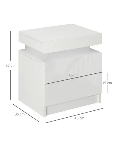 HOMCOM Set of 2 White Bedside Tables with LED Lights, High Gloss Front Nightstands with 4 Drawers