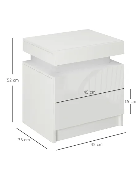 HOMCOM Set of 2 White Bedside Tables with LED Lights, High Gloss Front Nightstands with 4 Drawers