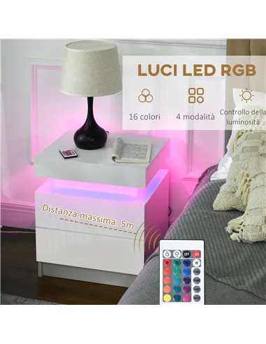 HOMCOM Set of 2 White Bedside Tables with LED Lights, High Gloss Front Nightstands with 4 Drawers