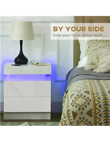 HOMCOM Set of 2 White Bedside Tables with LED Lights, High Gloss Front Nightstands with 4 Drawers