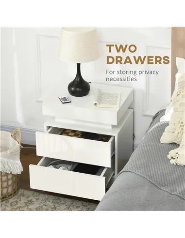 HOMCOM Set of 2 White Bedside Tables with LED Lights, High Gloss Front Nightstands with 4 Drawers